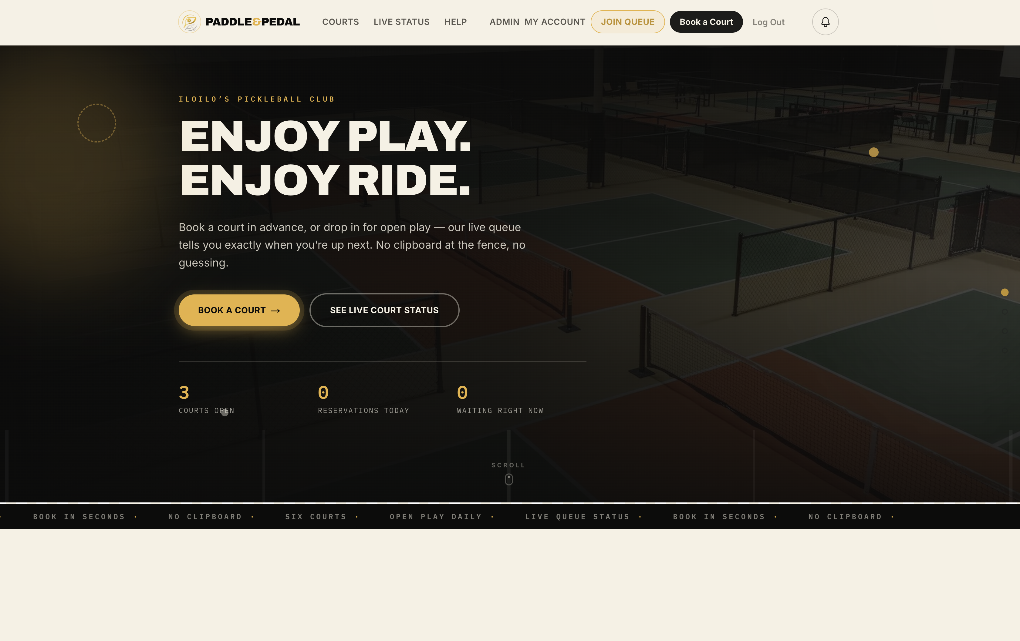 Landing page — book a court or join the live queue